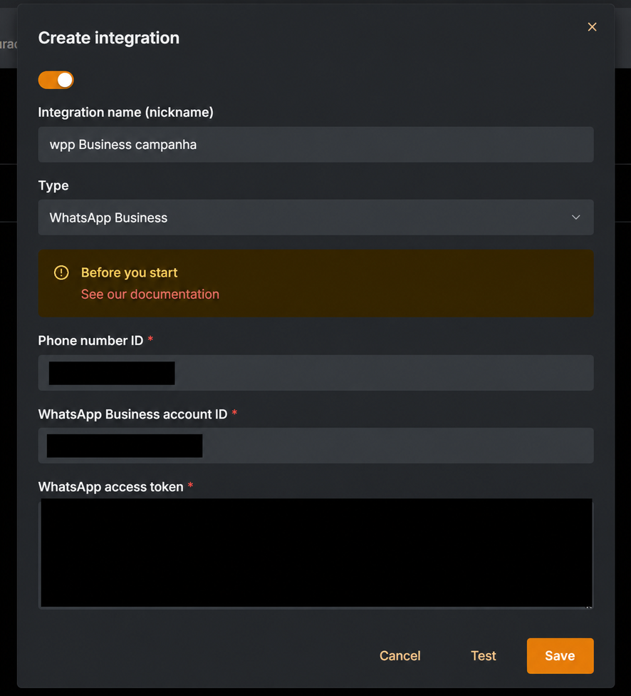 Integration creation screen