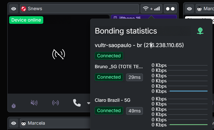 Bonding statistics with two connected networks, latencies of 29 ms and 49 ms, and charts at 0 Kbps