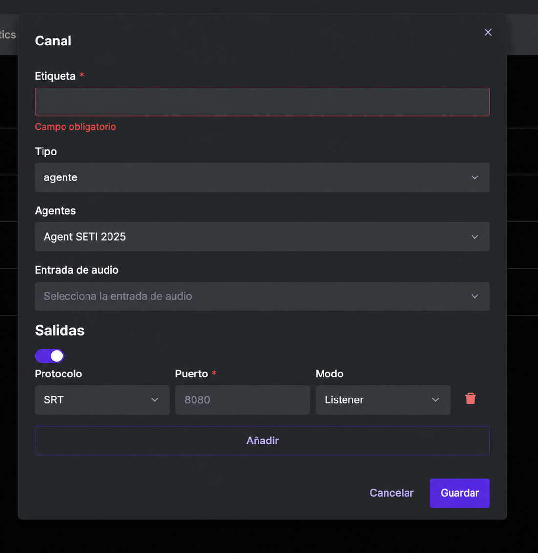 Modal de creación de canal