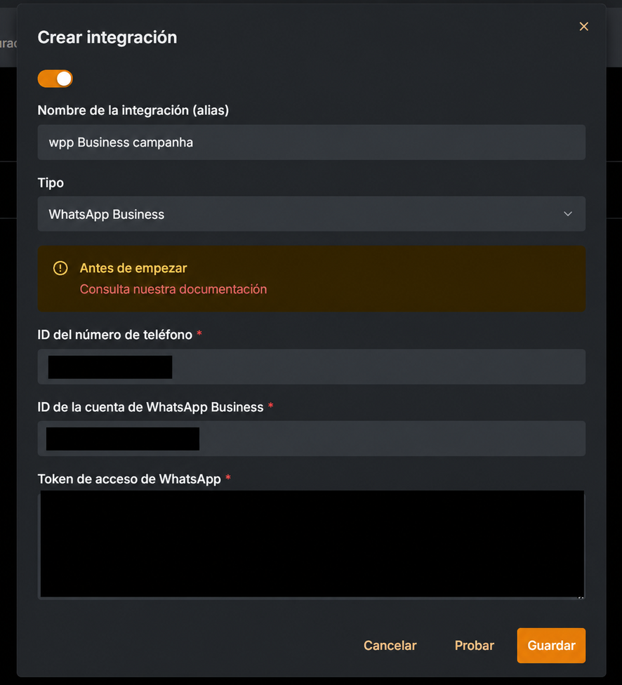 Pantalla de creación de integración