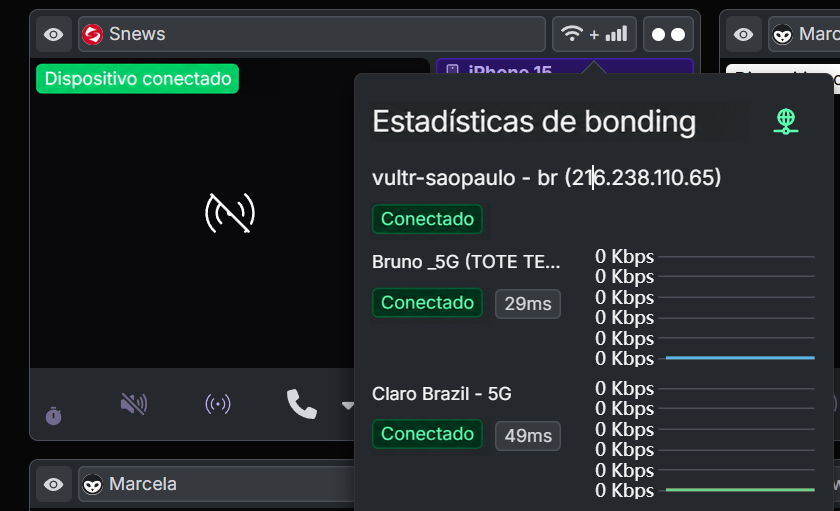 Estadísticas de bonding con dos redes Conectado, latencias de 29 ms y 49 ms y gráficos en 0 Kbps