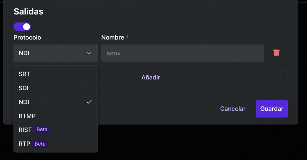 Pantalla de configuración de Output