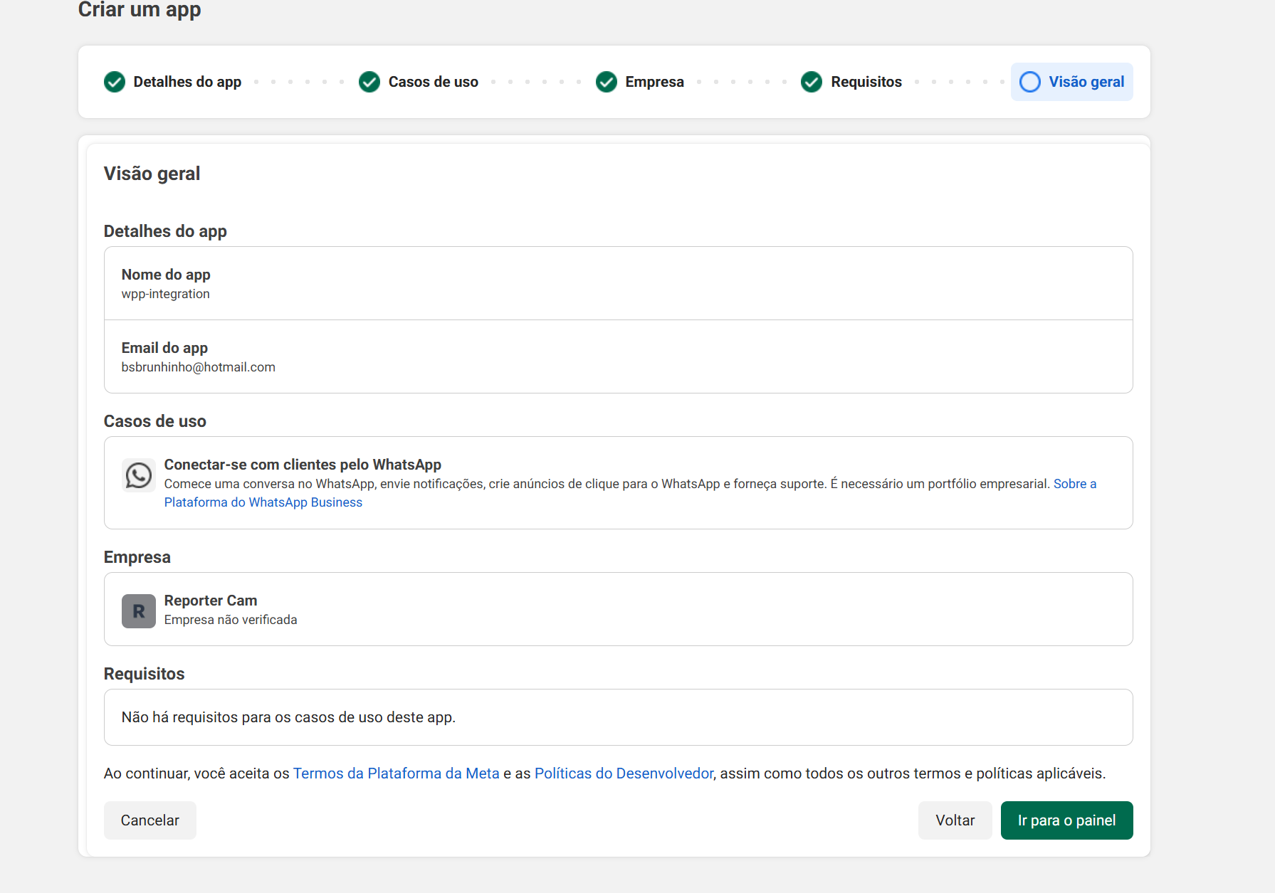 Resumen de la configuración de la aplicación