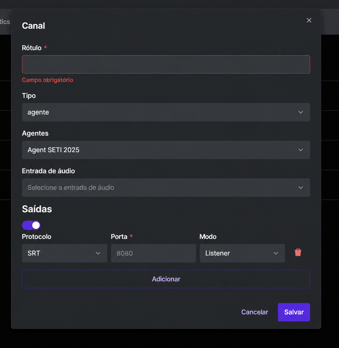 Modal de Criação de Canal