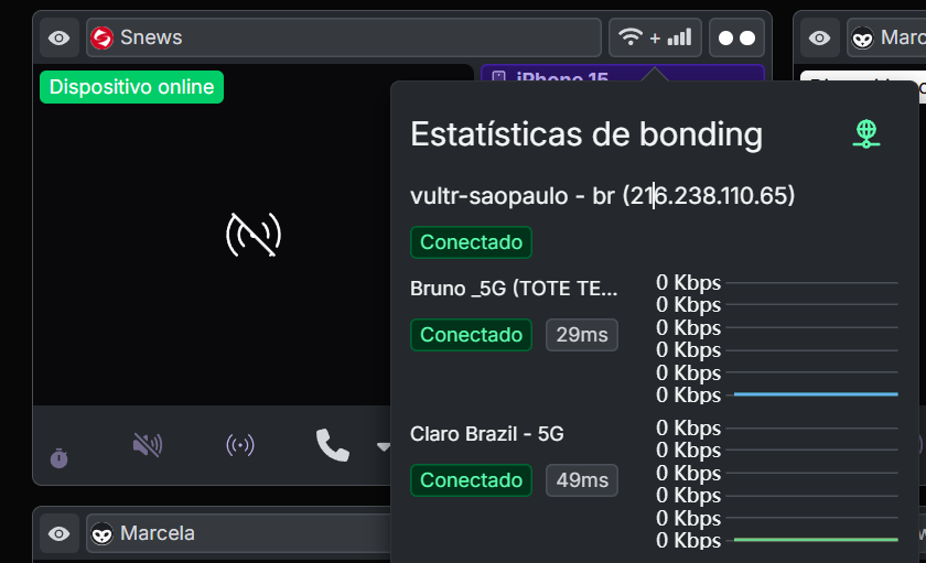 Estatísticas de bonding com duas redes Conectado, latências de 29 ms e 49 ms e gráficos em 0 Kbps
