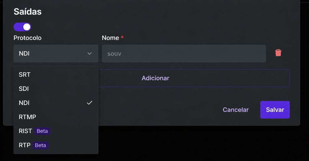 Tela de Configuração de Output